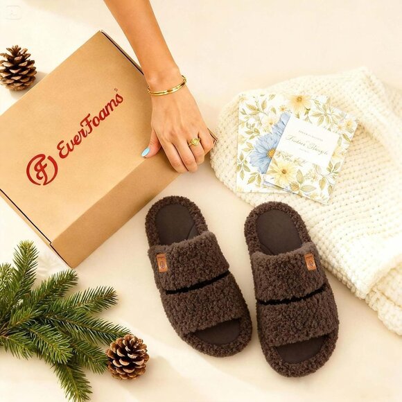 ⚡Women's Elegant Mocha Fuzzy Open Toe Slipper Soft Comfy Memory Foam House Shoes - Picture 7 of 9